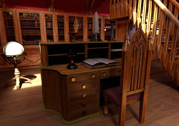 3D rendering of a gothic library interior