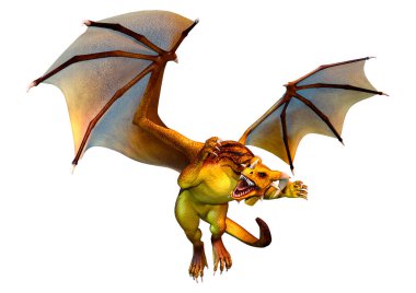 Beyaz arka planda izole edilmiş bir fantezi ejderhanın 3 boyutlu canlandırması