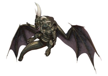 Beyaz arka planda izole edilmiş bir fantezi ejderhanın 3 boyutlu canlandırması