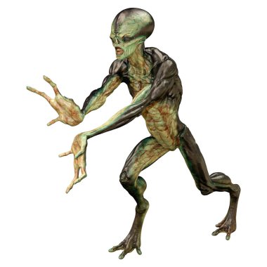 Beyaz arka planda izole edilmiş yeşil bir uzaylının 3 boyutlu görüntüsü