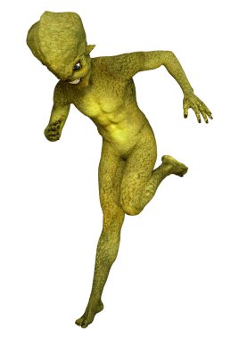 Beyaz arka planda izole edilmiş yeşil bir uzaylının 3 boyutlu görüntüsü