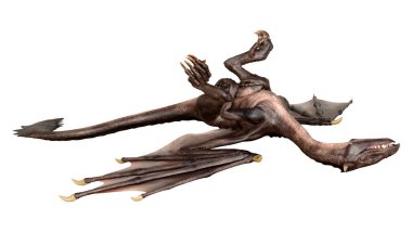 Beyaz arka planda izole edilmiş bir fantezi ejderhanın 3 boyutlu canlandırması