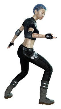 Beyaz arka planda izole edilmiş bir kadın robotun 3 boyutlu canlandırması