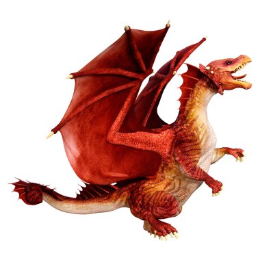 Beyaz arka planda izole edilmiş bir fantezi ejderhanın 3 boyutlu canlandırması