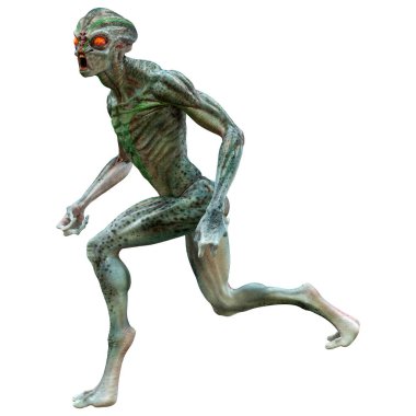 Beyaz arka planda izole edilmiş yeşil bir uzaylının 3 boyutlu görüntüsü