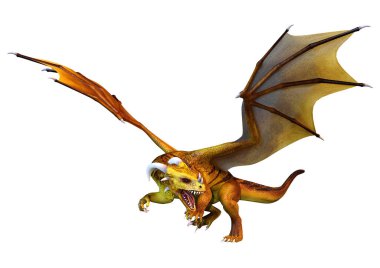 Beyaz arka planda izole edilmiş bir fantezi ejderhanın 3 boyutlu canlandırması