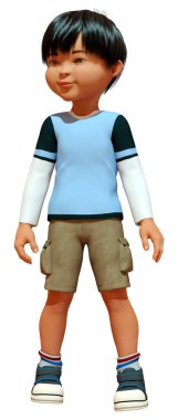 Beyaz arka planda izole edilmiş küçük Asyalı bir çocuğun 3 boyutlu görüntüsü.