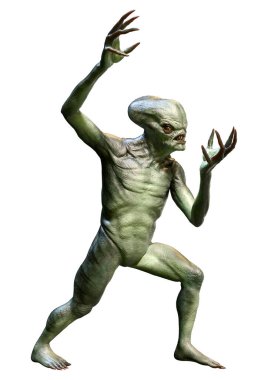 Beyaz arka planda izole edilmiş yeşil bir uzaylının 3 boyutlu görüntüsü