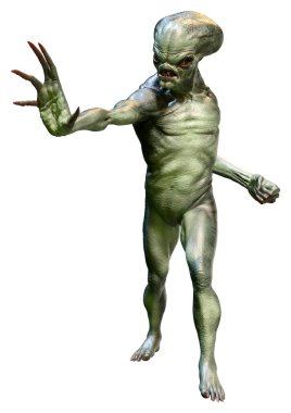 Beyaz arka planda izole edilmiş yeşil bir uzaylının 3 boyutlu görüntüsü