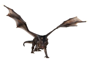 Beyaz arka planda izole edilmiş bir fantezi ejderhanın 3 boyutlu canlandırması