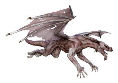 Beyaz arka planda izole edilmiş bir fantezi ejderhanın 3 boyutlu canlandırması