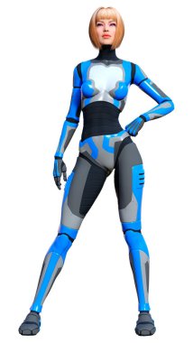 Beyaz arka planda izole edilmiş bir kadın robotun 3 boyutlu canlandırması