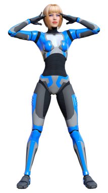 Beyaz arka planda izole edilmiş bir kadın robotun 3 boyutlu canlandırması