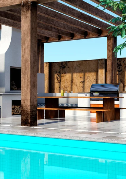 地中海室外厨房游泳池的三维渲染 — 图库照片