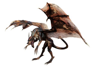 Beyaz arka planda izole edilmiş bir fantezi ejderhanın 3 boyutlu canlandırması