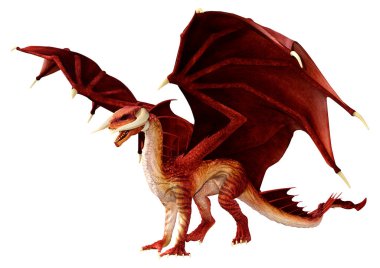 Beyaz arka planda izole edilmiş bir fantezi ejderhanın 3 boyutlu canlandırması