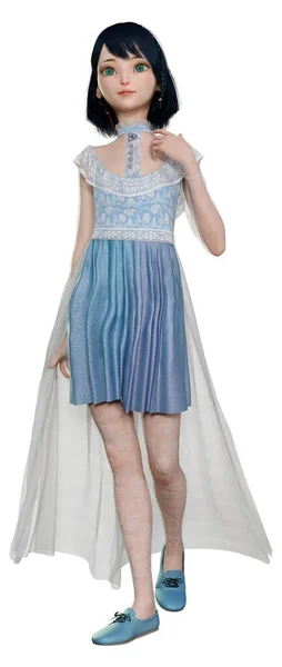 白い背景に隔離された青のヴィンテージドレスでかわいい人形の3Dレンダリング — ストック写真