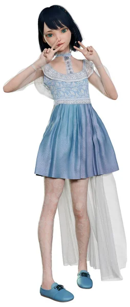 3D渲染一个穿着蓝色复古服装的漂亮洋娃娃 与白色背景隔离 — 图库照片