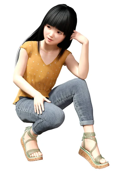Rendering Van Een Mooie Kleine Aziatische Meisje Geïsoleerd Witte Achtergrond — Stockfoto