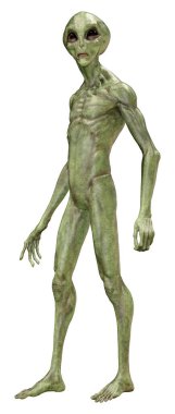 Beyaz arka planda izole edilmiş yeşil bir uzaylının 3 boyutlu görüntüsü