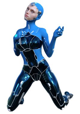 Beyaz arka planda izole edilmiş bir kadın robotun 3 boyutlu canlandırması