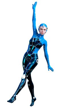 Beyaz arka planda izole edilmiş bir kadın robotun 3 boyutlu canlandırması