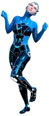 Beyaz arka planda izole edilmiş bir kadın robotun 3 boyutlu canlandırması