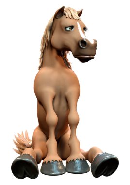Beyaz arka planda izole edilmiş kahverengi çizgi film atının 3D görüntüsü