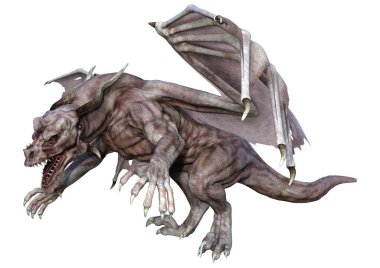 Beyaz arka planda izole edilmiş bir fantezi ejderhanın 3 boyutlu canlandırması