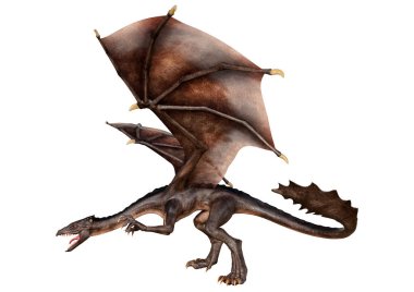 Beyaz arka planda izole edilmiş bir fantezi ejderhanın 3 boyutlu canlandırması