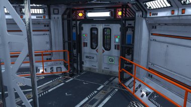 Fütürist bir bilim kurgu koridorunun 3 boyutlu canlandırması