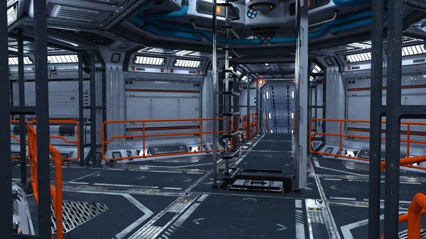 一个未来主义科幻走廊的3D渲染 — 图库照片
