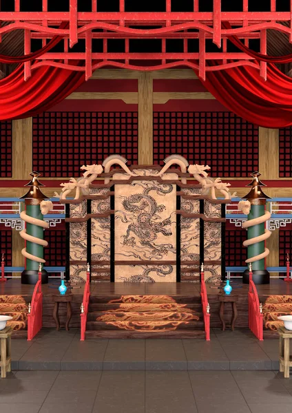 中国传统大厅内部的3D渲染 — 图库照片