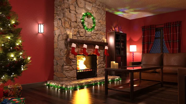 Ilustração Interior Quarto Decorado Natal Com Uma Lareira Presentes Uma — Fotografia de Stock