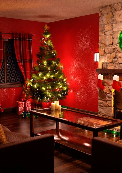 ギフト クリスマスツリーとクリスマスの装飾された部屋のインテリアの3Dイラスト — ストック写真