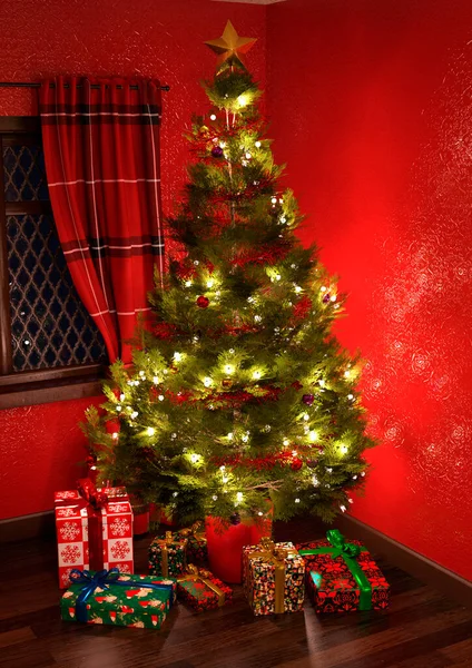 Ilustração Uma Sala Natal Decorada Com Presentes Uma Árvore Natal — Fotografia de Stock