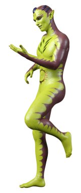 Beyaz arka planda izole edilmiş yeşil bir uzaylının 3 boyutlu görüntüsü