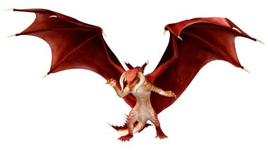 Beyaz arka planda izole edilmiş bir fantezi ejderhanın 3 boyutlu canlandırması