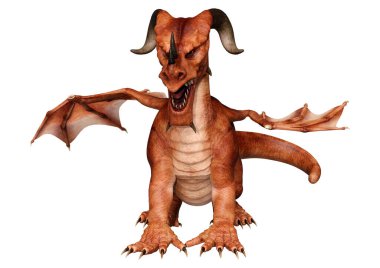 Beyaz arka planda izole edilmiş bir fantezi ejderhanın 3 boyutlu canlandırması