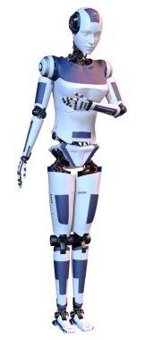 Beyaz arka planda izole edilmiş bir kadın robotun 3 boyutlu canlandırması