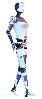Beyaz arka planda izole edilmiş bir kadın robotun 3 boyutlu canlandırması
