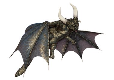 Beyaz arka planda izole edilmiş bir fantezi ejderhanın 3 boyutlu canlandırması