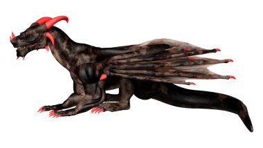 Beyaz arka planda izole edilmiş bir fantezi ejderhanın 3 boyutlu canlandırması