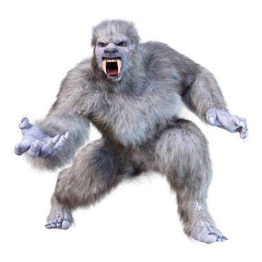 Bir kar canavarı ya da beyaz arka planda izole edilmiş bir Koca Ayak 'ın 3 boyutlu görüntüsü