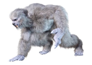 Bir kar canavarı ya da beyaz arka planda izole edilmiş bir Koca Ayak 'ın 3 boyutlu görüntüsü