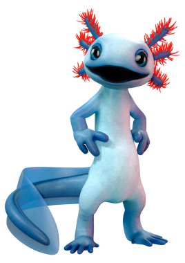 Beyaz arkaplanda izole edilmiş şirin bir mavi çizgi axolotl 'un 3B canlandırması