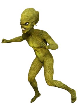 Beyaz arka planda izole edilmiş yeşil bir uzaylının 3 boyutlu görüntüsü