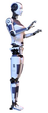 Beyaz arka planda izole edilmiş bir kadın robotun 3 boyutlu canlandırması