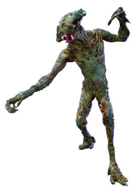 Beyaz arka planda izole edilmiş yeşil bir uzaylının 3 boyutlu görüntüsü