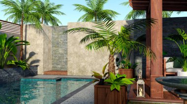 Üç boyutlu bir tropikal yaz pergola dış görüntüsü